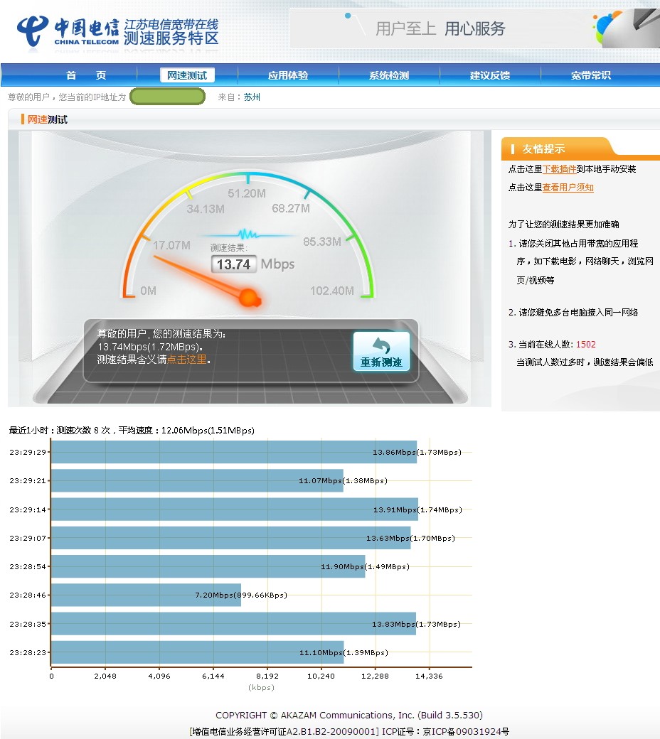 关于苏州电信的“我的e家”的12M的网络的E9套餐 + 中国电信 江苏电信宽带在线 测速服务特区