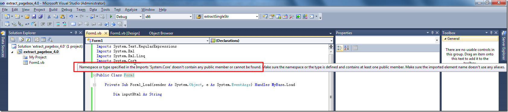 【已解决】VB.Net中导入System.Core出错：Namespace or type specified in the Imports System.Core doesnot contain any public member or cannot be found