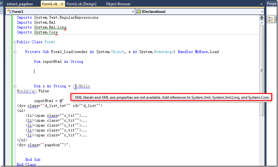 【已解决】VB.Net中出错：XML literals and XML axis properties are not available. Add reference to System.xml System.xml.linq and System.Core