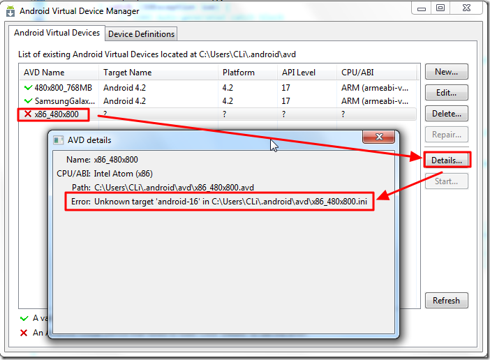 【已解决】AVD Manager中之前正常的某个X86的AVD出错：Error: Unknown target 'android-16' in xxx.ini