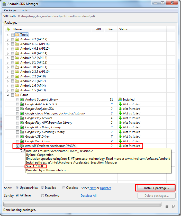 【记录】ADT中通过Android SDK Manager安装Intel Hardware Accelerated Execution Manager（Haxm）