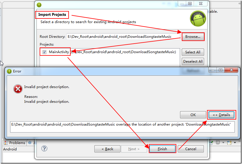 【已解决】ADT中导入项目时出错：Invalid project description.   xxxx overlaps the location of another project: 'xxx'