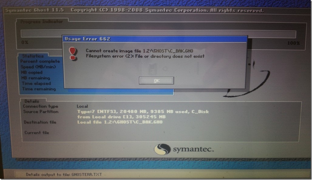 【已解决】一键GHOST期间使用Ghost 11备份出错：Usage Error 662,Cannot create image file 1.2:\GHOST\C_BAK.GHO,Filesystem error (2):File or directory does not exist