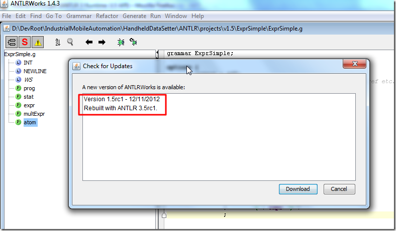 【记录】将当前的ANTLRWorks 1.4.3，升级到ANTLRWorks 1.5.rc1，实际上是ANTLRWorks 1.5.rc2