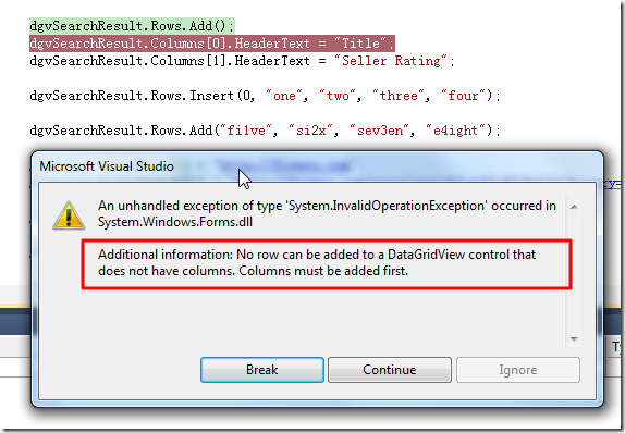 【已解决】C#中的DataGridView控件使用出错:No row can be added to a DataGridView control that does not have columns