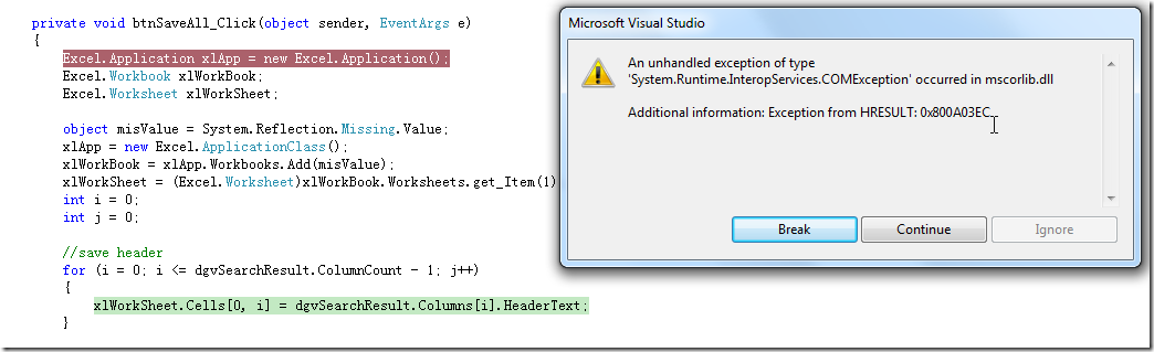 【已解决】C#中保存数据到Worksheet结果出错：An unhandled exception of type 'System.Runtime.InteropServices.COMException' occurred in mscorlib.dll。Additional information: Exception from HRESULT: 0x800A03EC