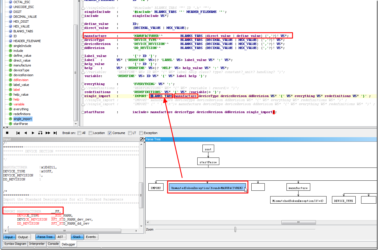 【已解决】antlr调试解析出错：UnwantedTokenException(found=xxx)