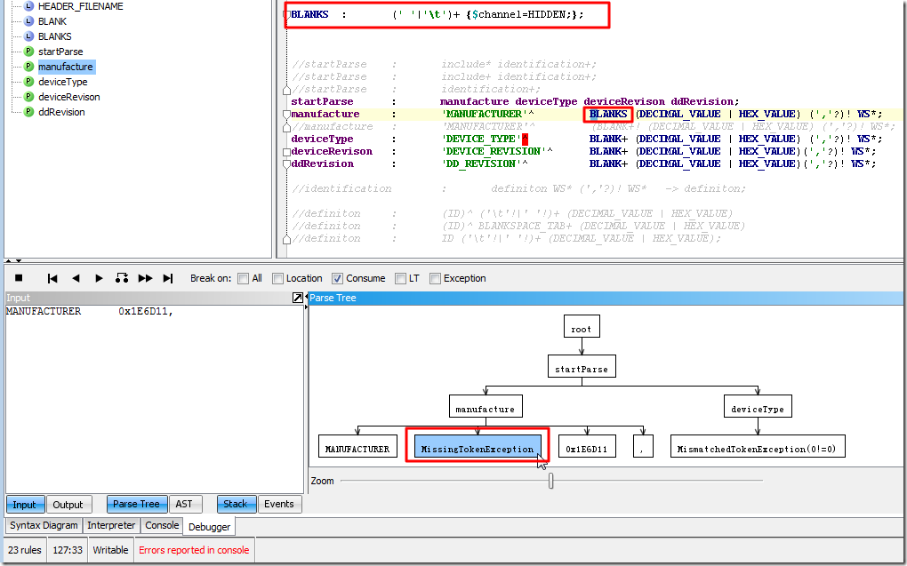 【基本解决】antlr v3，用包含{$channel=HIDDEN;}语法，结果解析出错：MissingTokenException