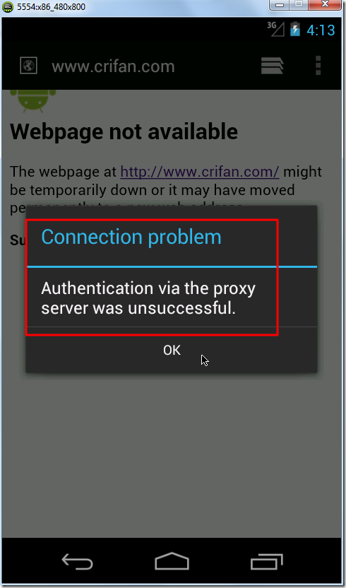 【已解决】给Android设备设置代理后，再去访问网络，结果出错：Connection problem, Connection problem Authentication via the proxy server was unsuccessful