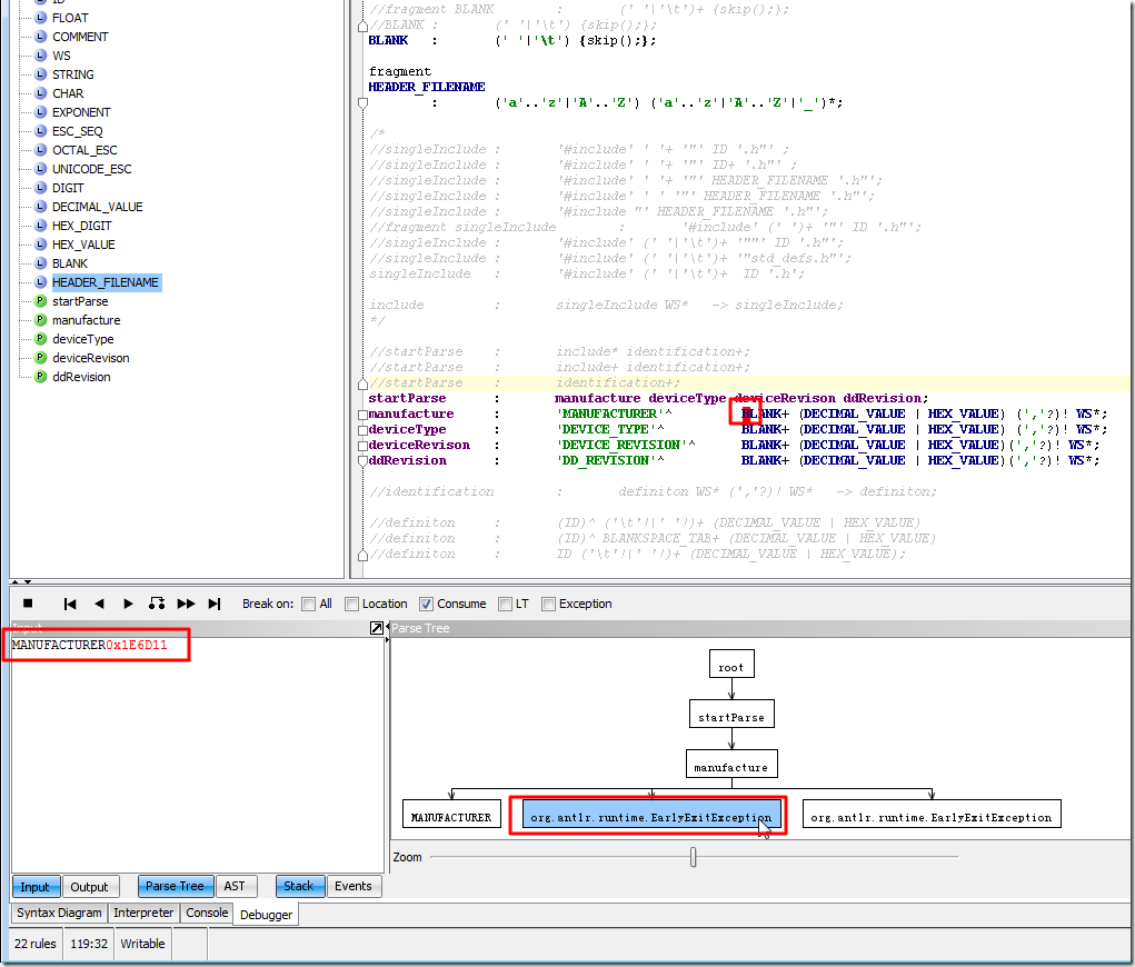 【基本解决】antlr v3中包含{skip();}的语法，调试解析时出错：org.antlr.runtime.EarlyExitException