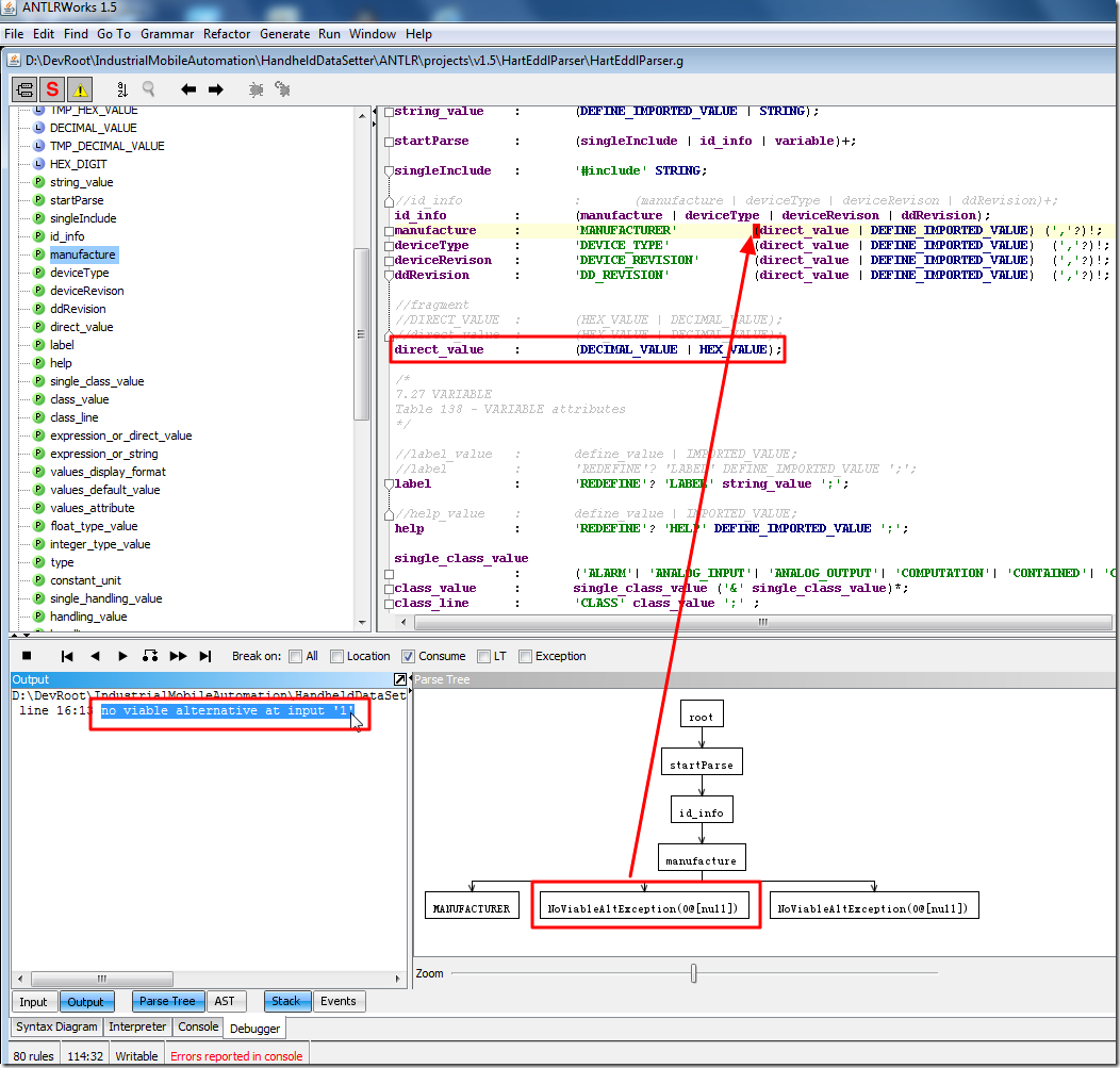 【已解决】antlr代码执行出错：xxx.ddl line 16:13 no viable alternative at input '1'，Recognition exception NoViableAltException(0@[null])