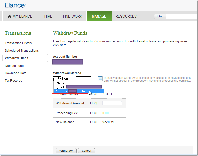 【记录】Elance提现到银行卡账户中