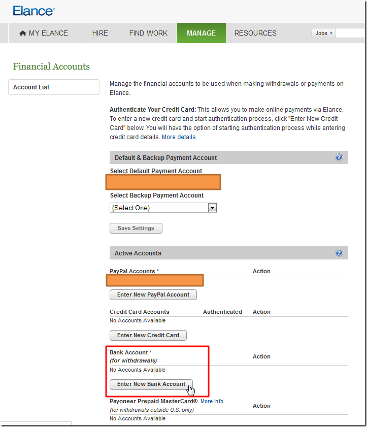 【记录】Elance中添加银行卡账户并转账