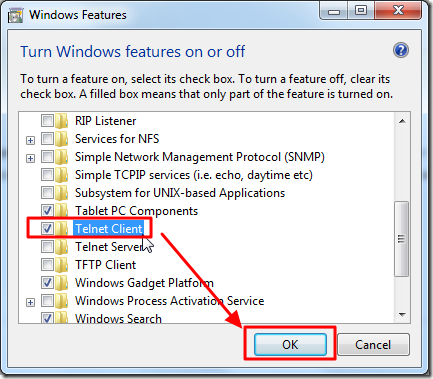 turn windows features on or off telnet client
