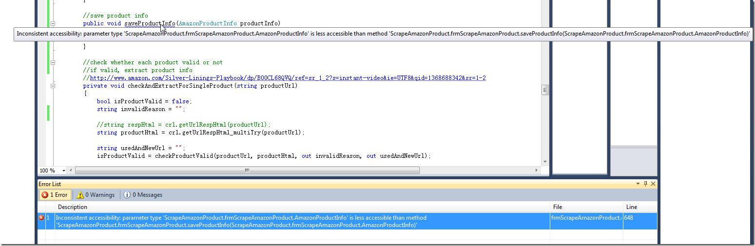 【已解决】C#函数编译出错：Inconsistent accessibility: parameter type 'aaa.bbb.ccc' is less accessible than method 'aaa.bbb.functionName(aaa.bbb.ccc)