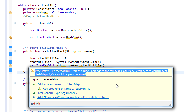 【已解决】java中使用HashMap出现警告：Type safety: The method put(Object, Object) belongs to the raw type HashMap. References to generic type HashMap<K,V> should be parameterized