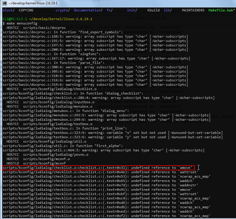 【已解决】Cygwin下交叉编译Linux在make menuconfig时出错：scripts/kconfig/lxdialog/checklist.o:checklist.c:(.text+0x31): undefined reference to `wmove'