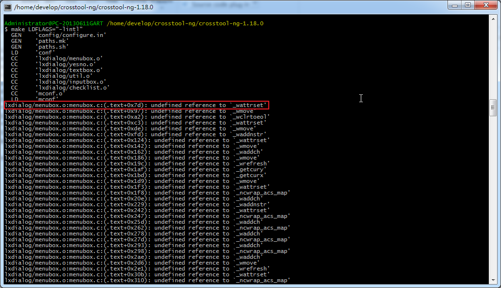 【已解决】Cygwin 1.7.17下make编译crosstool-ng出错：lxdialog/menubox.o:menubox.c:(.text+0x7d): undefined reference to `_wattrset'
