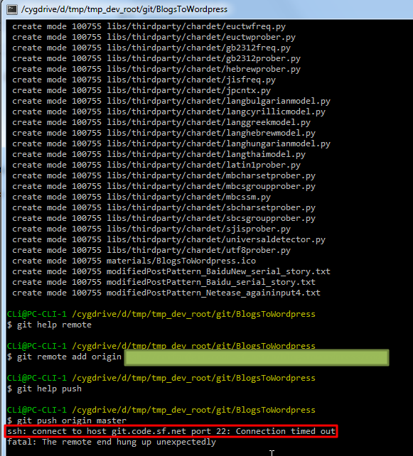 【未解决】win7下cygwin下git push origin master出错：ssh: connect to host git.code.sf.net port 22: Connection timed out