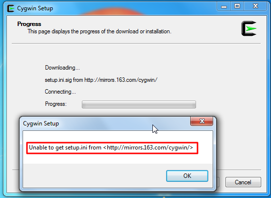 【已解决】Cygwin安装时，选择163的源后出错：Unable to get setup.ini from <http://mirrors.163.com/cygwin/>
