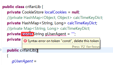 【已解决】Java中的字符串常量const的String出错：Syntax error on token "const", delete this token