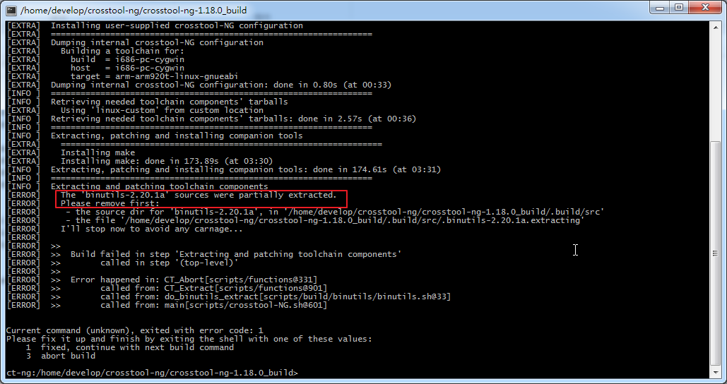 【已解决】cygwin下ct-ng build编译crosstool-ng出错：The 'binutils-2.20.1a' sources were partially extracted. Please remove first