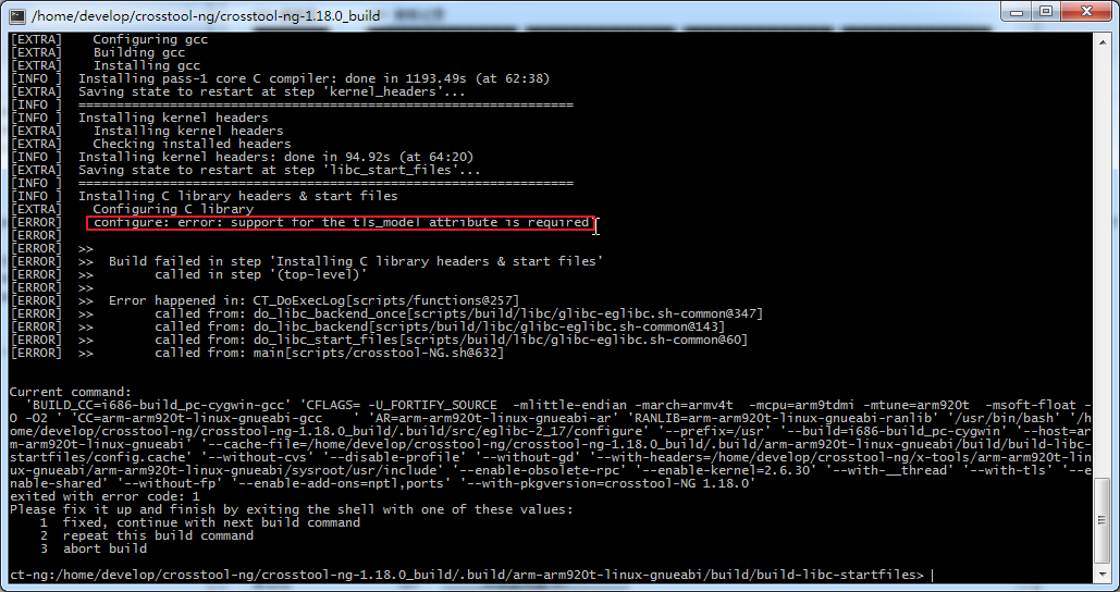 【或许解决】cygwin中编译crosstool-ng在Installing C library headers & start files阶段出错：configure: error: support for the tls_model attribute is required