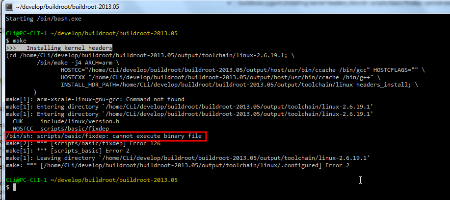 【已解决】cygwin先编译buildroot在Installing kernel headers期间出错：/bin/sh: scripts/basic/fixdep: cannot execute binary file