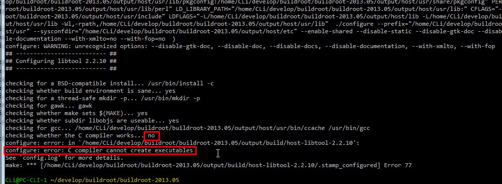 【已解决】cygwin下make编译buildroot时在libtool-2.2.10时出错：configure: error: C compiler cannot create executables