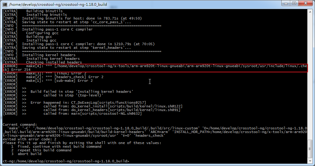 【已解决】cygwin下编译crosstool-ng出错：make Error 254，1 [main] sh 7800 child_info_fork::abort: can't commit memory for stack 0x28A000(90112), Win32 error 487