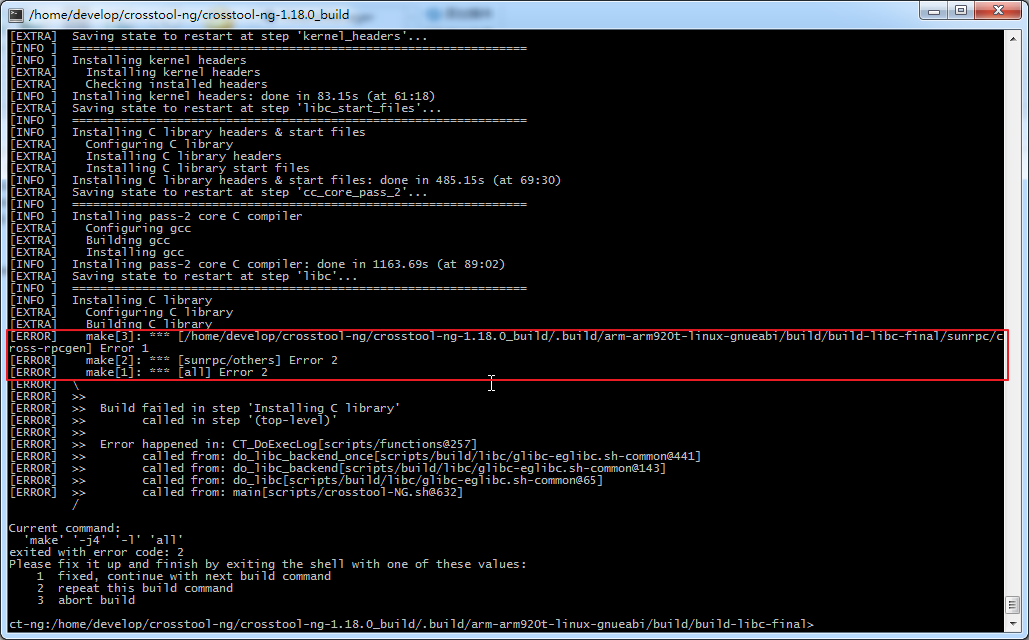 【未解决】cygwin下编译crosstool-ng在Installing C library的Building C library阶段出错：/home/develop/crosstool-ng/crosstool-ng-1.18.0_build/.build/arm-arm920t-linux-gnueabi/build/build-libc-final/sunrpc/cross-rpc_main.o:rpc_main.c:(.text+0x537): undefined reference to `_libintl_gettext'