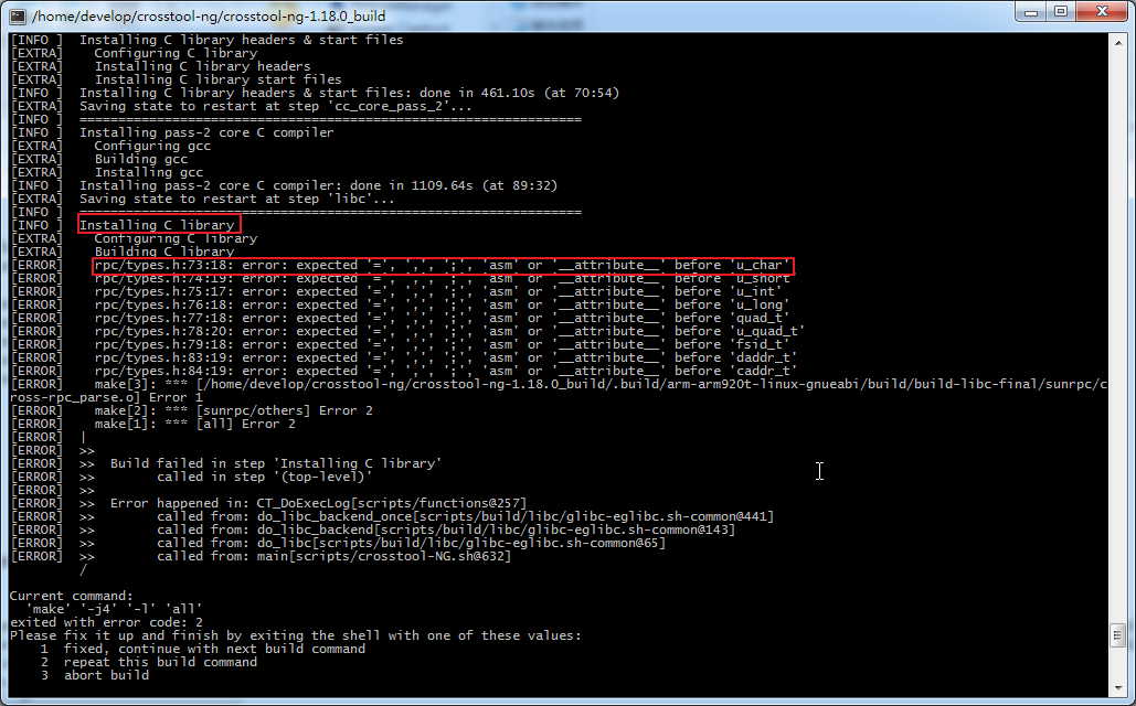 【已解决】cygwin下编译crosstool-ng在Installing C library的Building C library出错：rpc/types.h:73:18: error: expected '=', ',', ';', 'asm' or '__attribute__' before 'u_char'