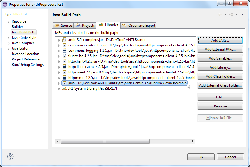 java build path libraries add external class folder antlr runtime java src main