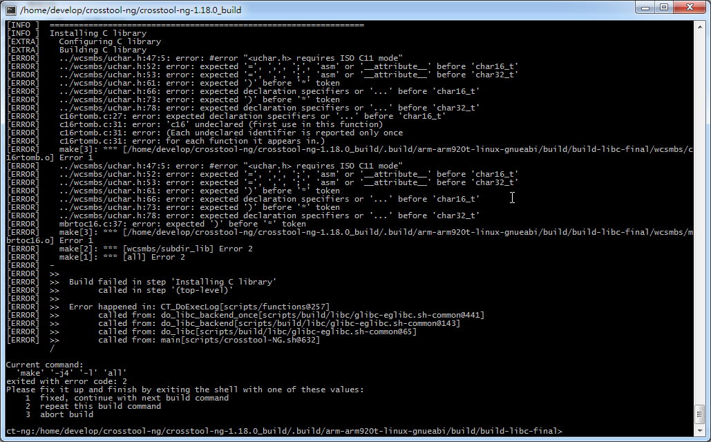 【已解决】cygwin下编译crosstool-ng在Building C library时出错：../wcsmbs/uchar.h:47:5: error: #error "<uchar.h> requires ISO C11 mode"