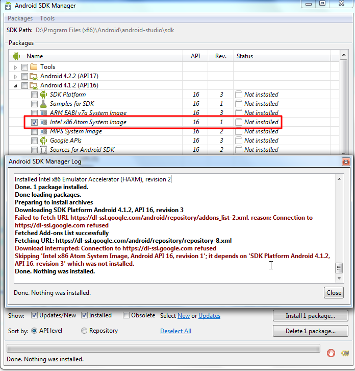 【已解决】ADT中通过Android SDK Manager去安装x86的image时无法下载
