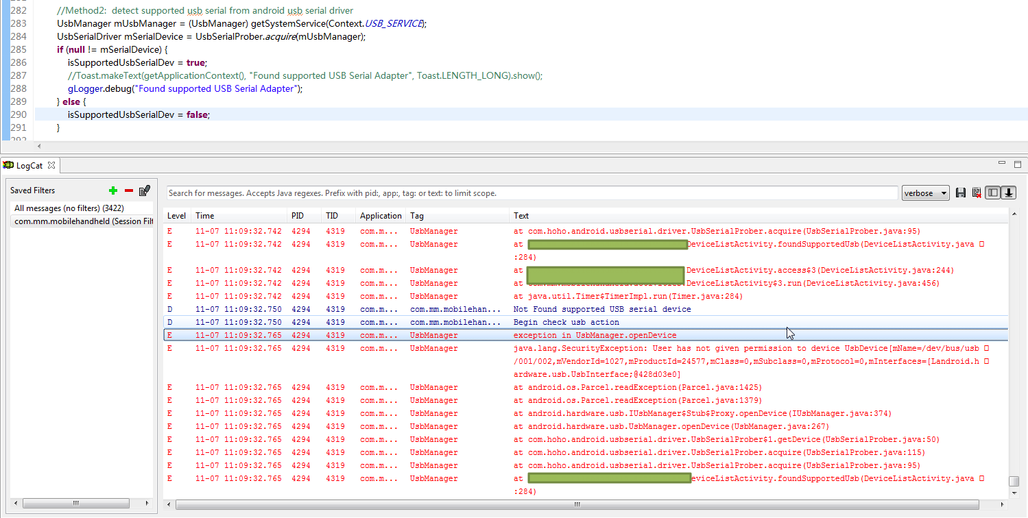 【已解决】android程序运行出错：UsbManager(4294): exception in UsbManager.openDevice，java.lang.SecurityException: User has not given permission to device UsbDevice