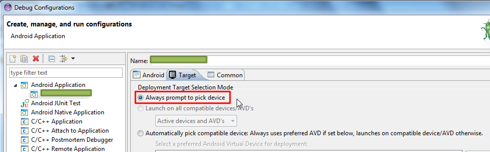select always prompt to pick device in debug configuration for you android project