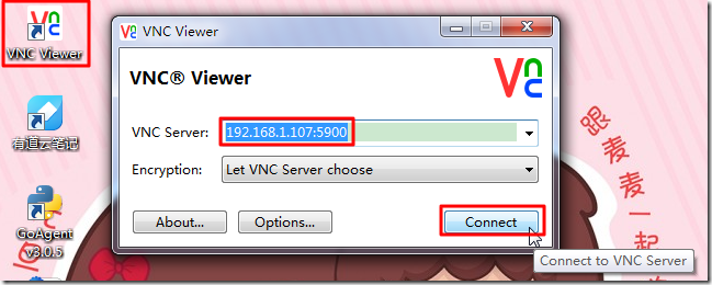run vnc viewer input server ip 107 and port 5900 then connect