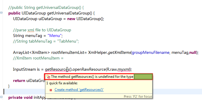 【已解决】Android中使用getResources去尝试解析xml时出错：The method getResources() is undefined for the type