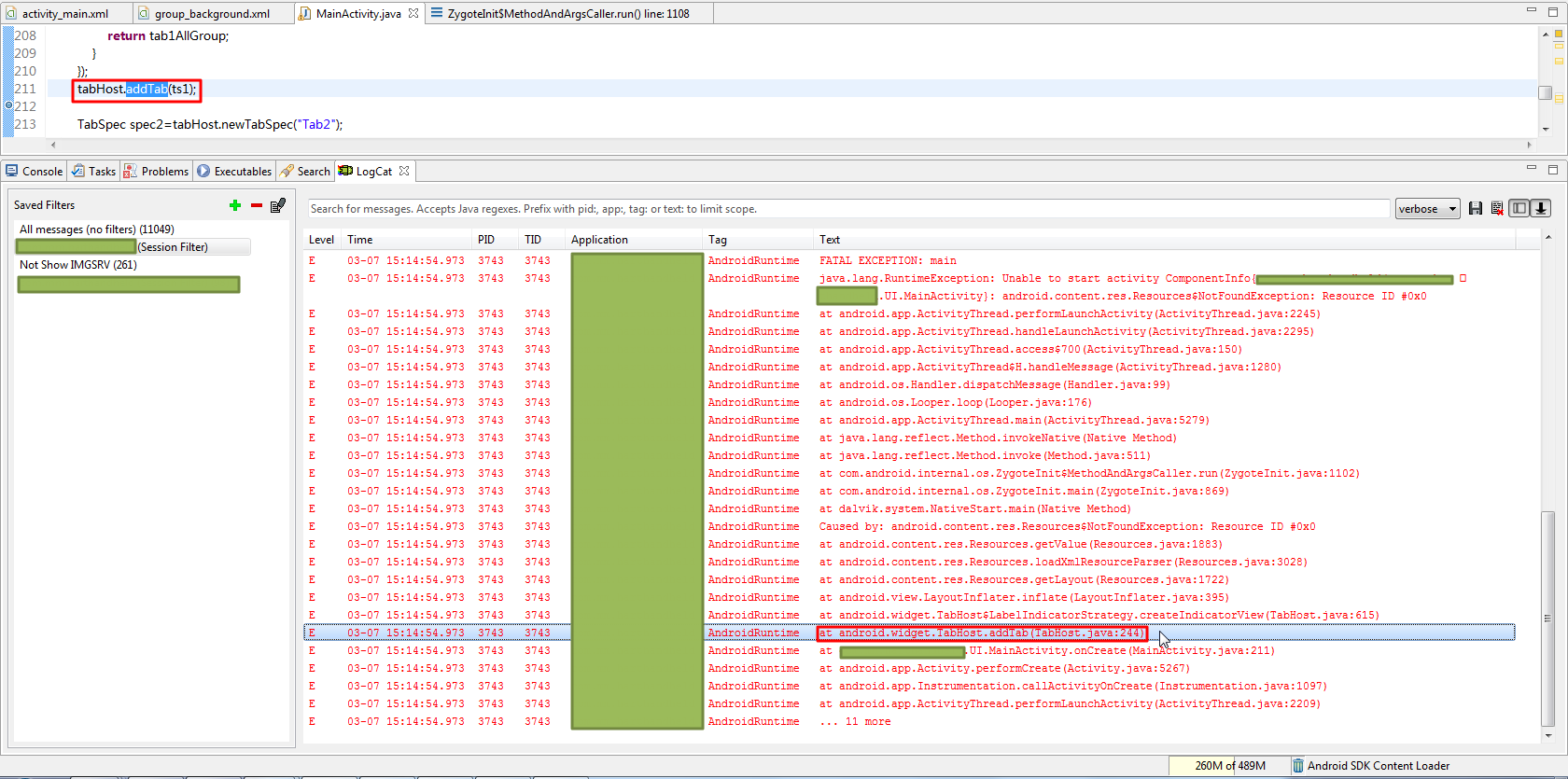 【已解决】Android中用TabHost去addTab添加TAB结果出错：Unable to start activity ComponentInfo: android.content.res.Resources$NotFoundException: Resource ID #0x0