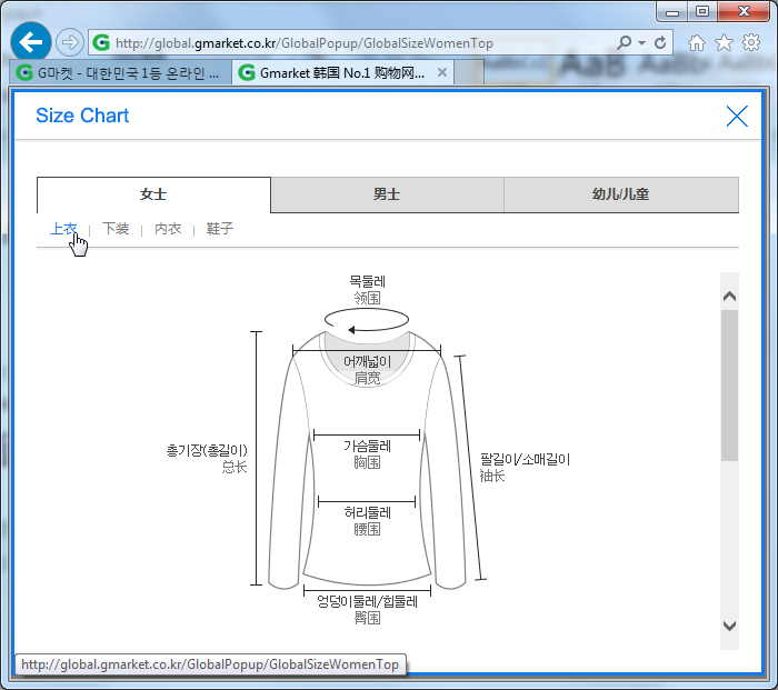 【整理】Gmarket上面商品的尺寸信息