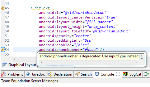 【已解决】Android中代码出现警告提示：android:phoneNumber is deprecated: Use inputType instead