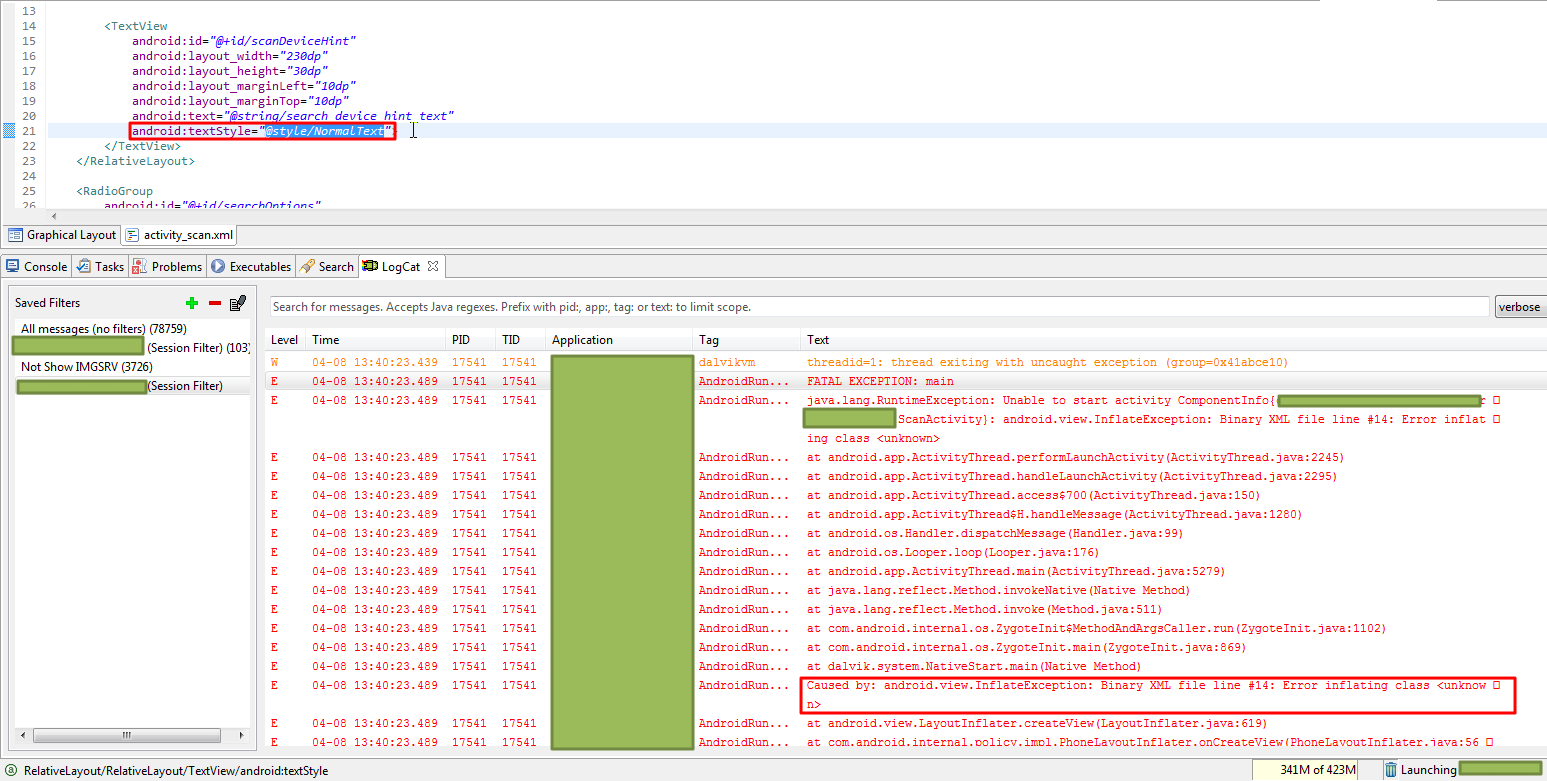 【已解决】Android中xml中TextView引用已定义好的样式时出错：android.view.InflateException: Binary XML file line #14: Error inflating class