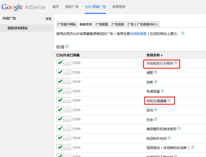 【记录】Google Adsense中默认设置中竟然允许敏感类的广告