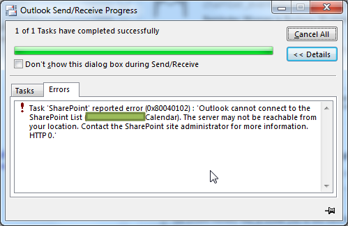 【记录】Outlook 2013在Send/Receive Progress时出错：Task reported error (0x80040102)