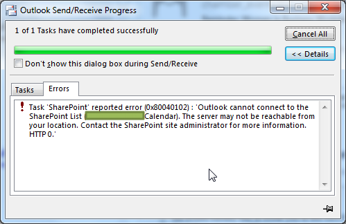 Task SharePoint reported error 0x80040102