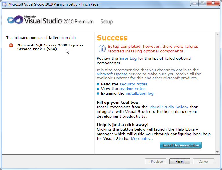 vs2010 Microsoft SQL Server 2008 Express Service Pack 1 x64 2Error code -2067723326 for this component is not recognized.