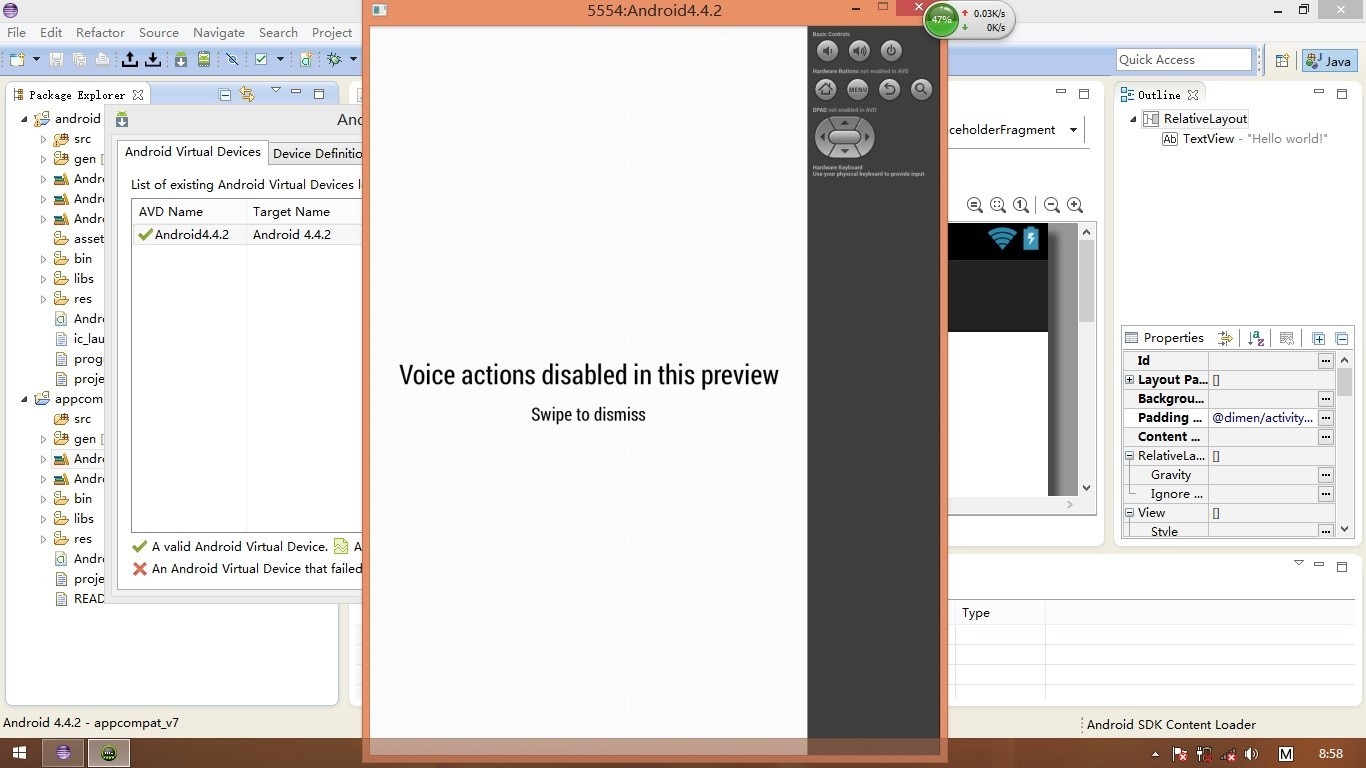 【已解决】Android模拟器中显示：Voice actions disabled in this preview, swipe to dismiss