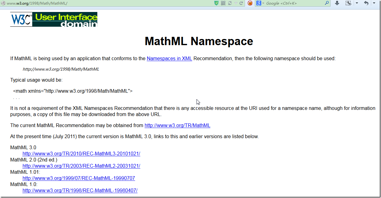 mathml url can open MathML Namespace 