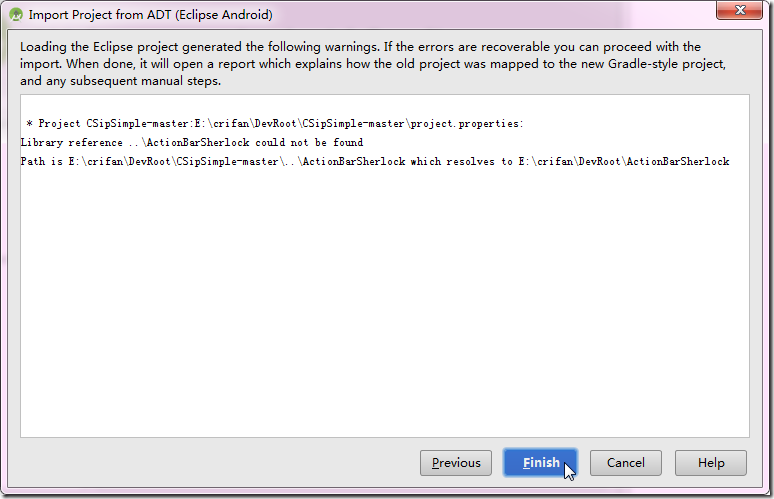 【已解决】Android Studio导入CSipSimple项目时出错：Library reference ..\ActionBarSherlock could not be found